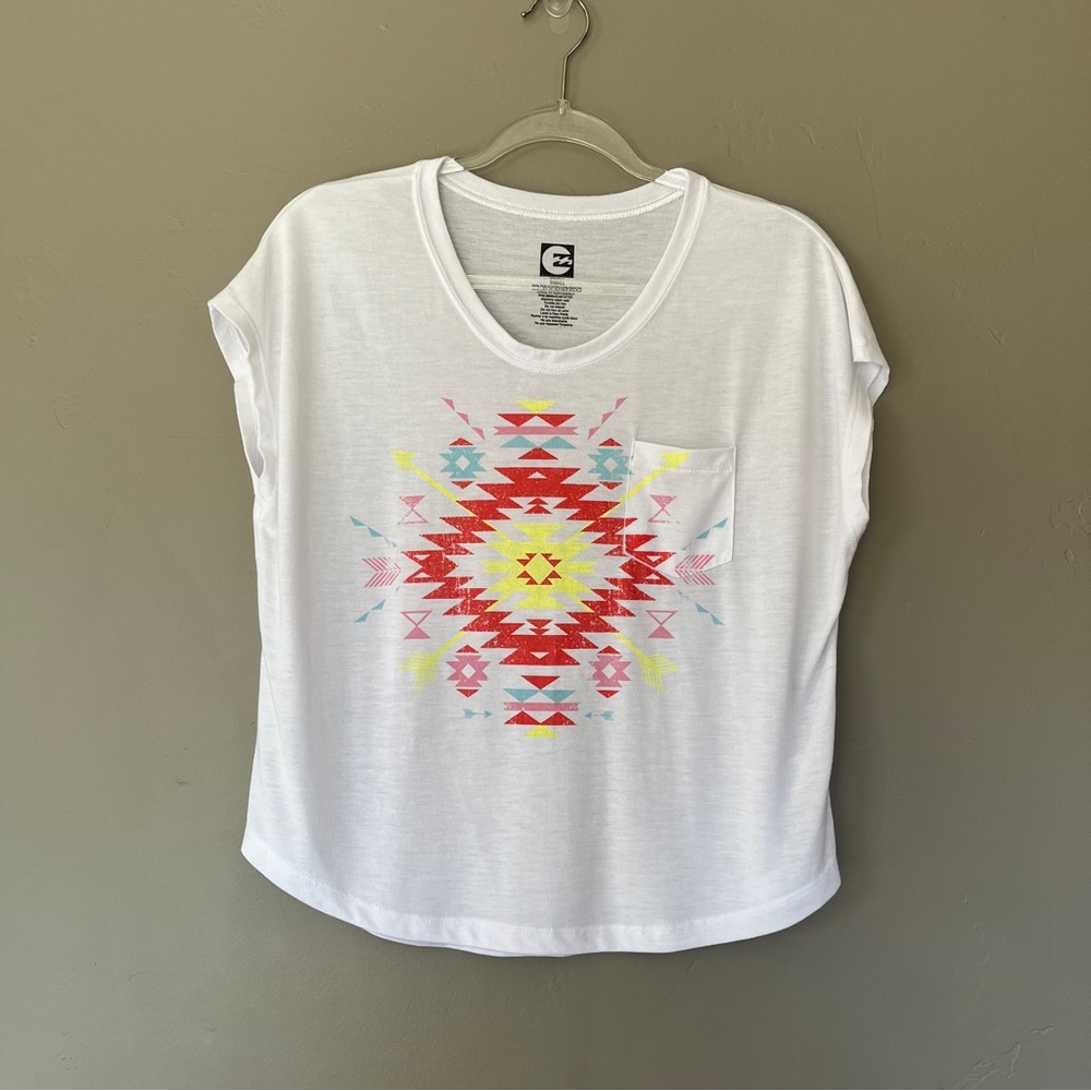 Billabong White Neon Boho Aztec Print Short Sleeve Womens Flowy S Tee NWOT